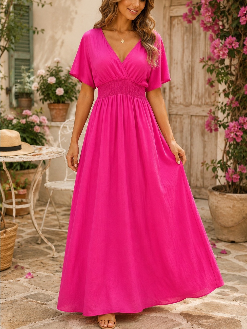 ODDI Pink Maxi Dress Small Smocked Waist V-Neck Boho Cottagecore Flowy Dress S